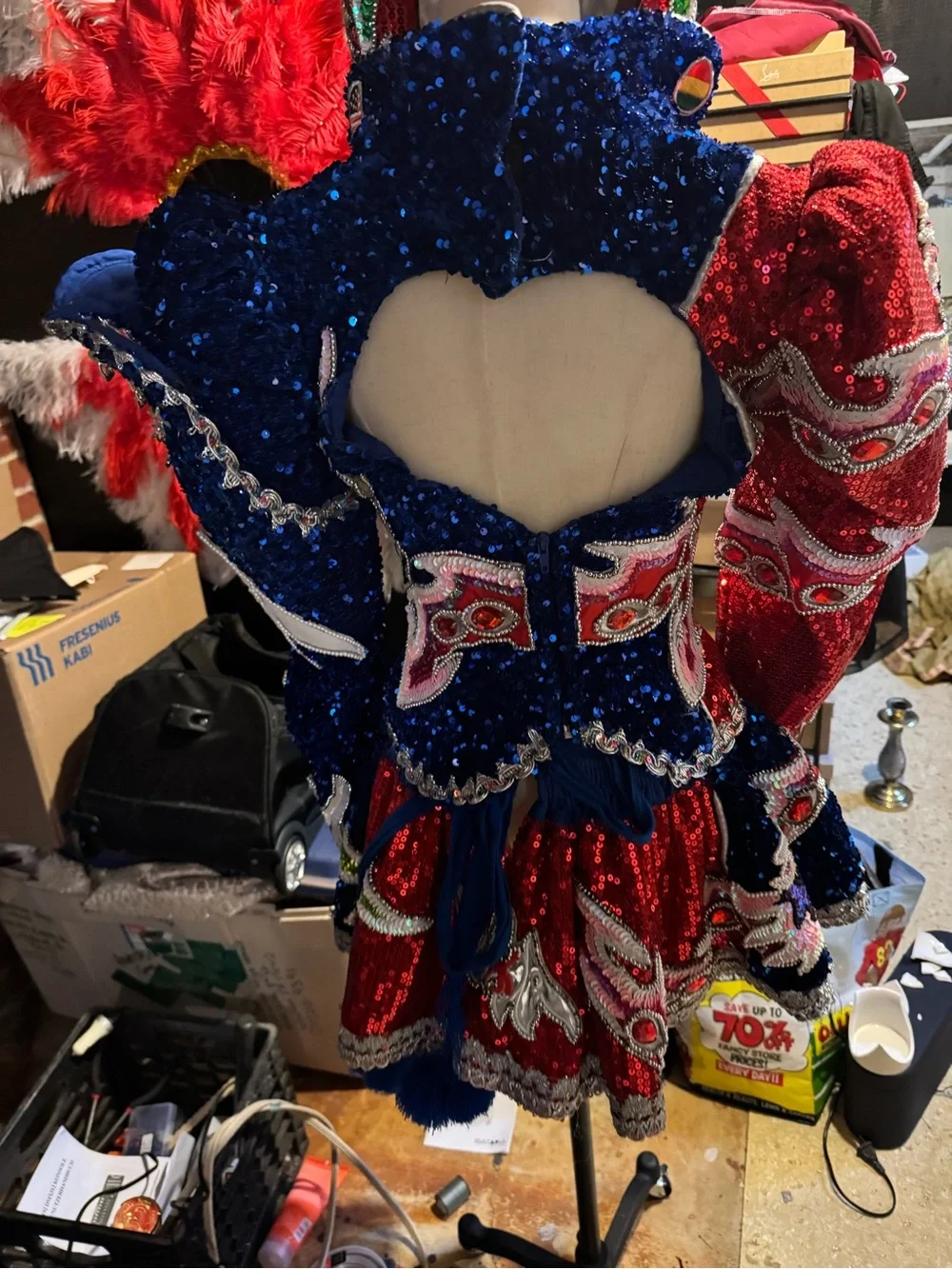 Blue & Red Sequin Costume with Embroidered Dragons